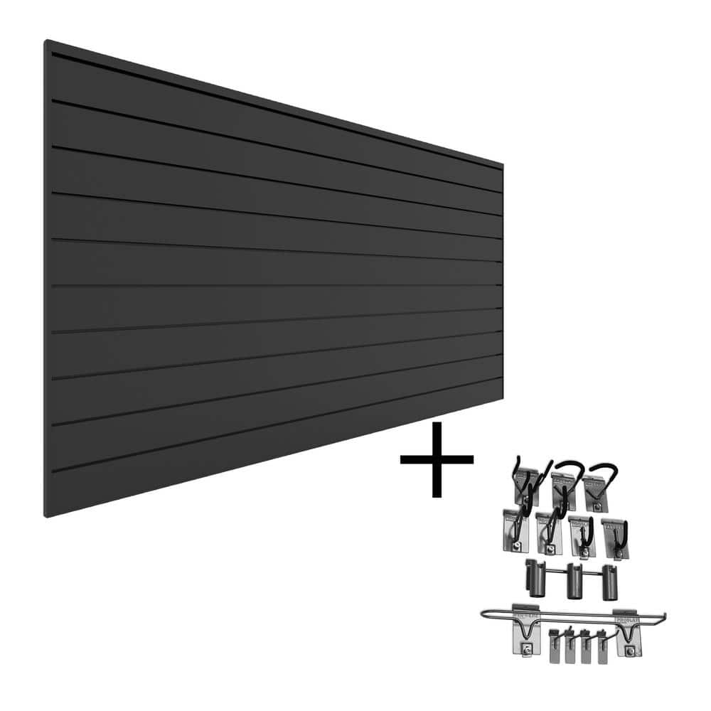 Proslat 96 in. H x 48 in. W PVC Slatwall Panel Set Charcoal Sports Bundle (1-Panel Pack 13-Accessory Pack)
