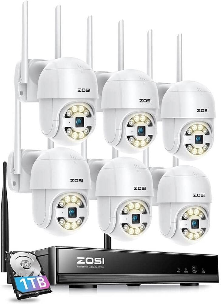 ZOSI 8 Channel 3 MP 1TB Wi-Fi NVR Security Camera System with 6 Wireless Outdoor Cameras, 355° Pan/Tilt, Light & Siren Alarm