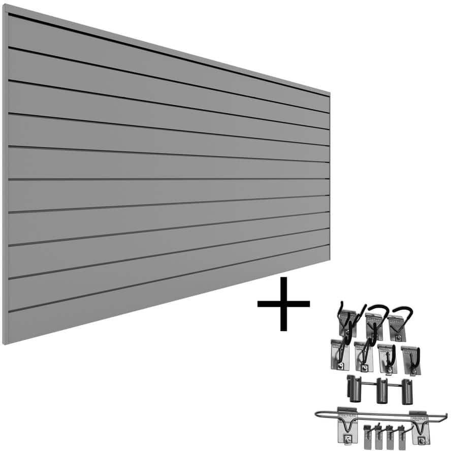 Proslat 96 in. H x 48 in. W PVC Slatwall Panel Set Light Gray Sports Bundle (1-Panel Pack 13-Accessory Pack)