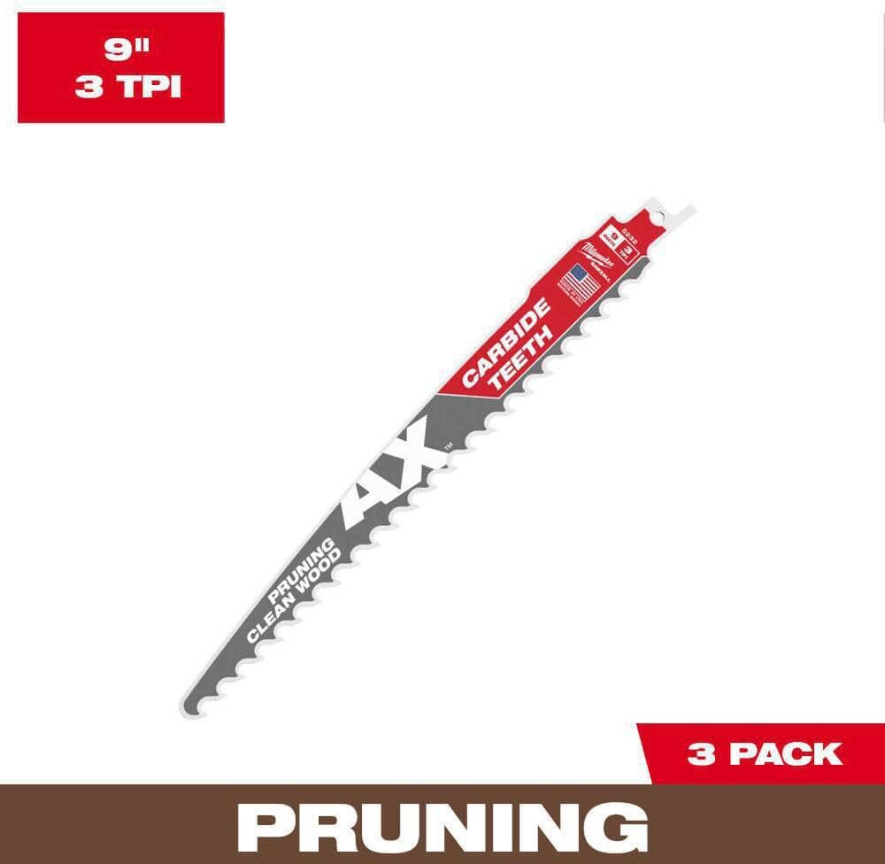 Milwaukee 9 in. 3 TPI Pruning Carbide Teeth Wood Cutting SAWZALL Reciprocating Saw Blades (3-Pack)