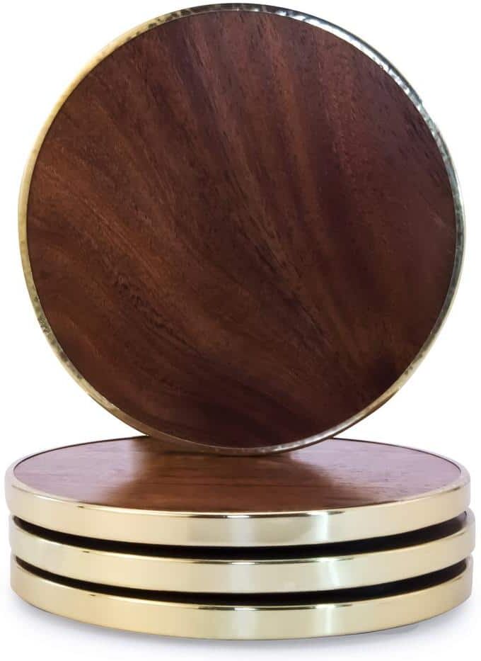 Mascot Hardware 4-Piece Hammered Brass Wood Coaster Set