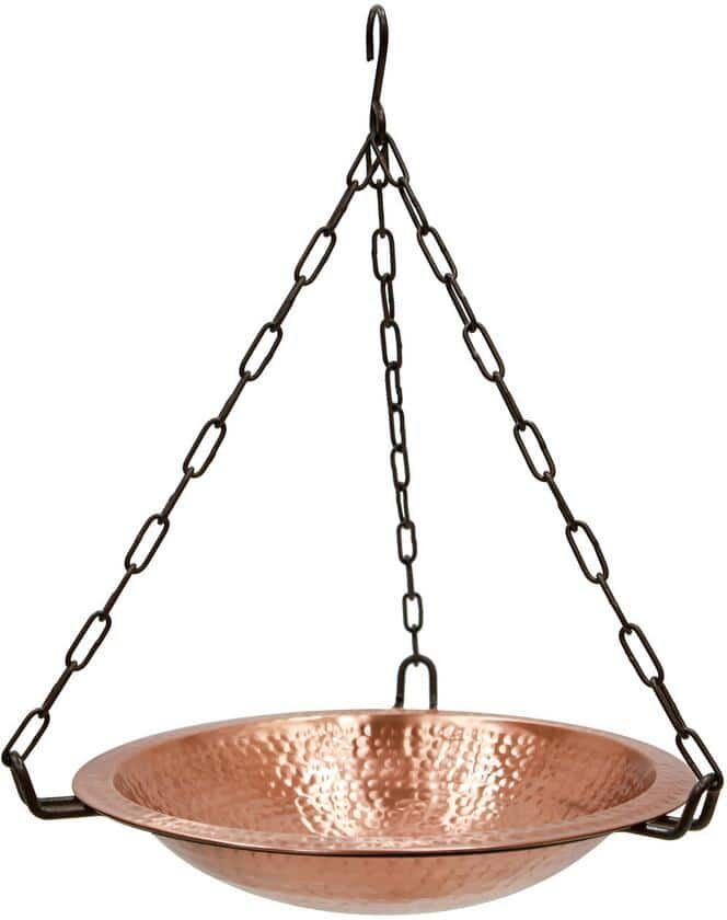 ACHLA DESIGNS 19.5 in. H Round Satin and Black Solid Copper/Wrought Iron Hanging Birdbath Bowl, Garden Accent, Outdoor Accessory