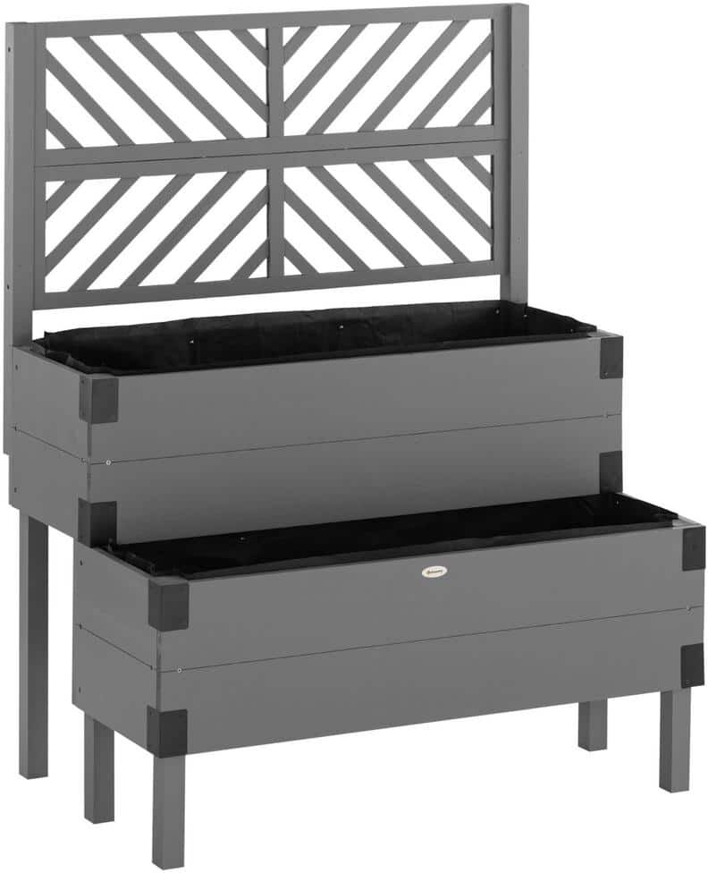 Outsunny Gray 2-Tier Wooden Raised Garden Bed with Trellis, Elevated Planter Box with Legs and Metal Corners