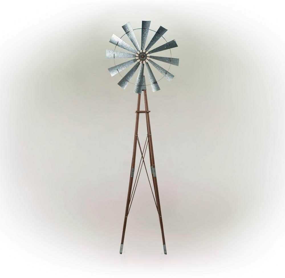 Alpine 101 in. Tall Outdoor Metal Windmill Spinner Garden Stake Yard Decoration, Rust/Galvanized