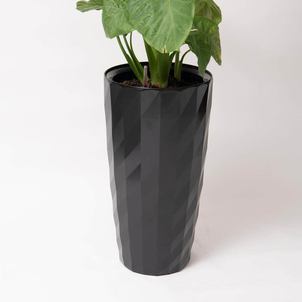 XBRAND 30 in. H Black Plastic Self Watering Indoor Outdoor Diamond Look Round Planter Pot, Tall Decorative Gardening Po