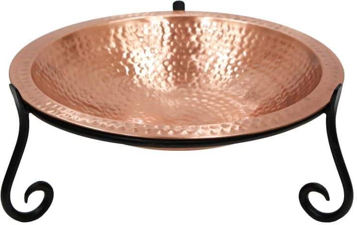 ACHLA DESIGNS 14 in. W Round Satin Hammered Solid Copper Birdbath Bowl w/ Blk Wrought Iron Short Stand Garden Accent Outdoor Accessory