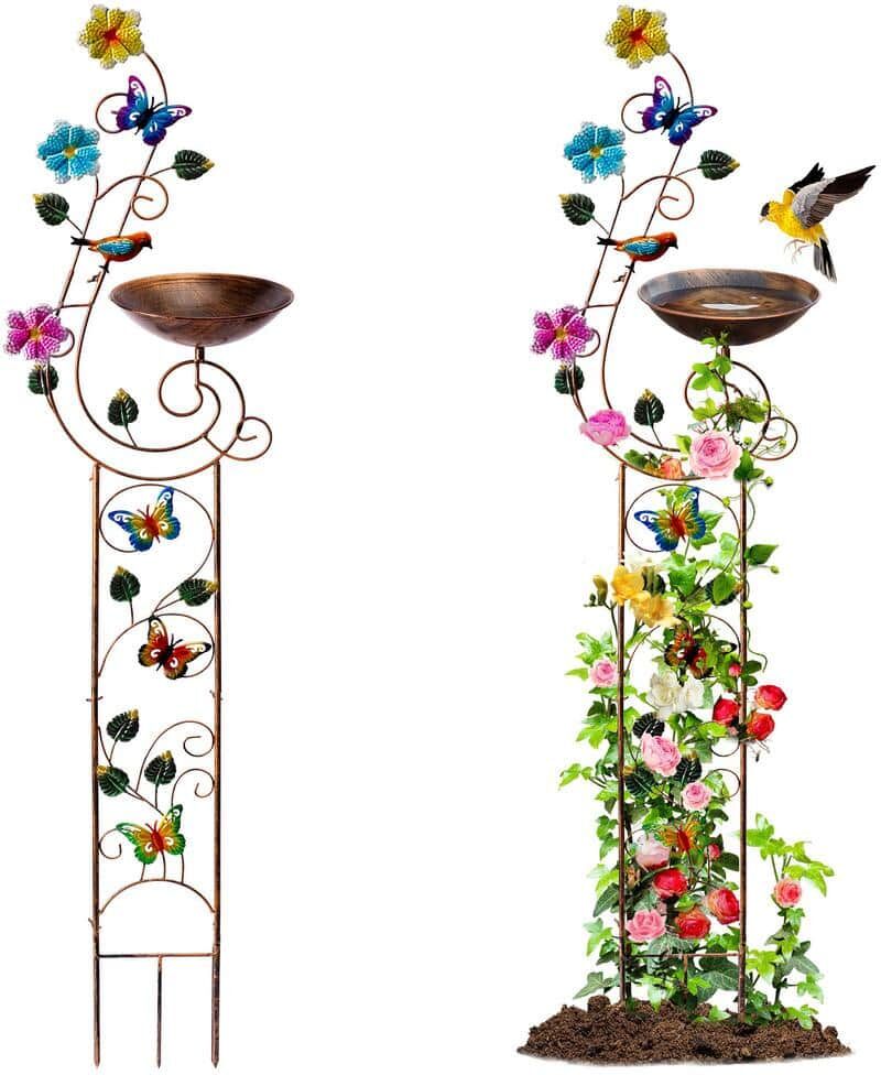 57 in. Height Metal Bird Bath with Trellis Vintage Decorative Bird Baths, Small Garden Plant Support, Antique BirdBath