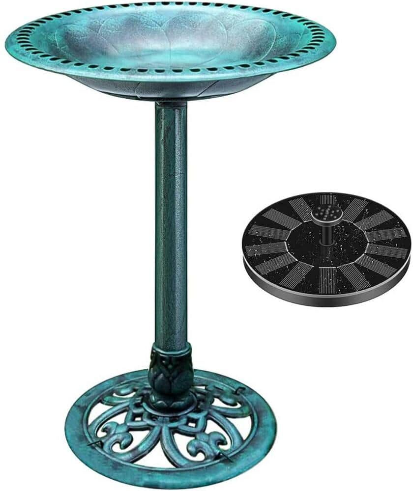 VIVOHOME Antique Polyresin Green Garden Birdbath with Solar Powered Fountain