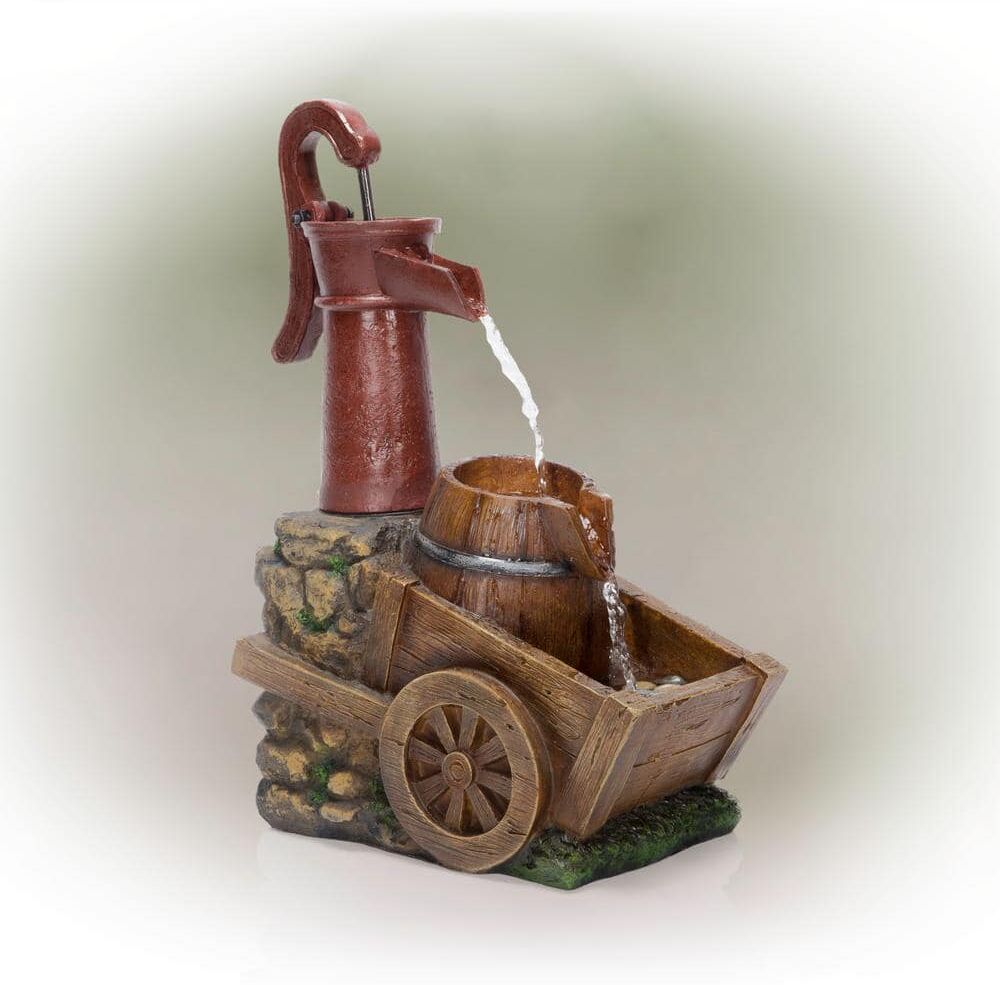 Alpine 23 in. Tall Vintage Water Pump with Wheelbarrow Fountain Yard Art Decor, Multicolor