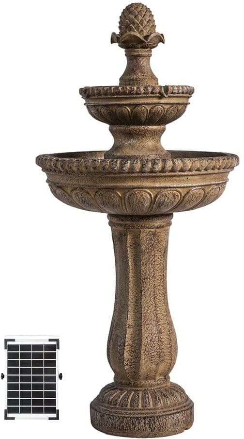 XBRAND 39 in. Solar 2-Tier Water Fountain, Outdoor, Sand Stone Resin with Solar Panel & Solar Pump for Home Garden Yard Decor