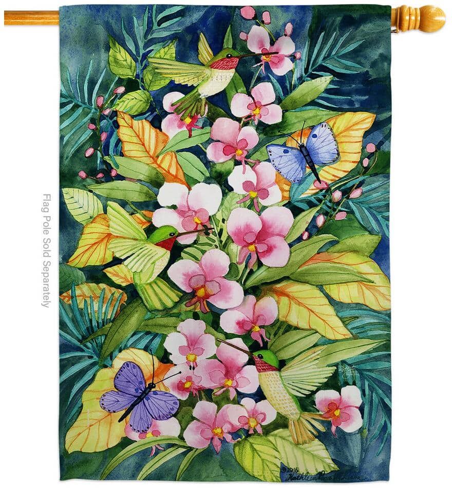 Breeze Decor 28 in. x 40 in. Orchids And Hummingbirds Birds House Flag 2-Sided Garden Friends Decorative Vertical Flags