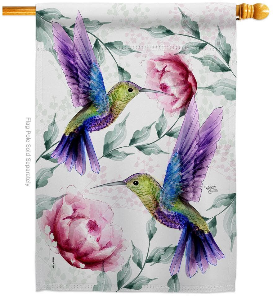 Breeze Decor 28 in. x 40 in. Hummingbirds In Flight Birds House Flag 2-Sided Garden Friends Decorative Vertical Flags