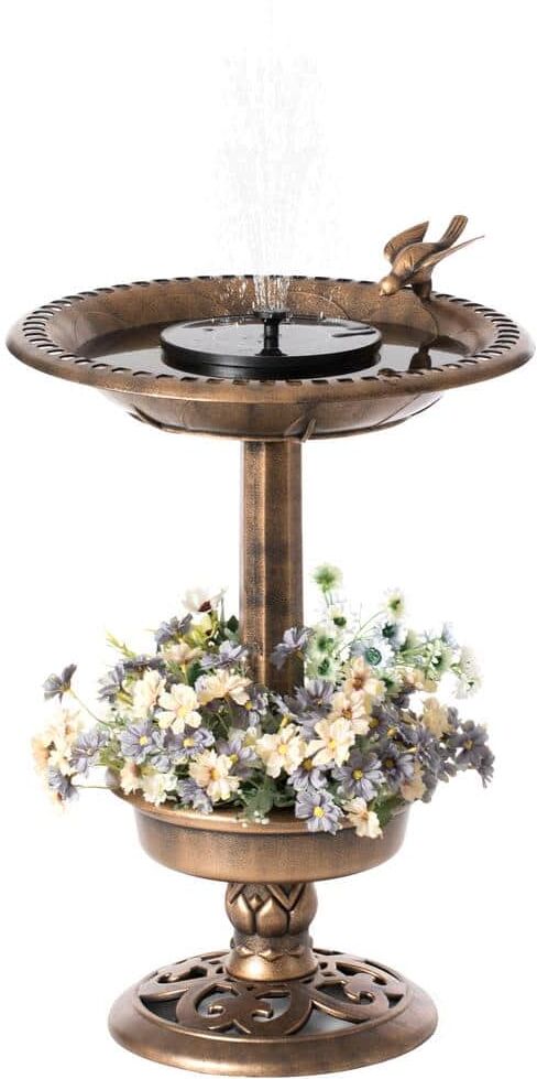 Gardenised Outdoor Garden Plastic Birdbath and Solar Powered Round Pond Fountain with Planter Bowl, Copper