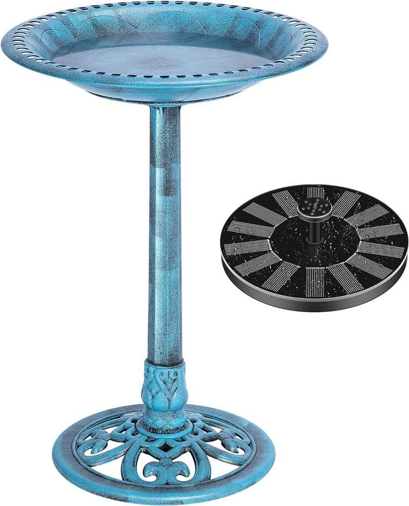 VIVOHOME Antique Polyresin Blue Garden Birdbath with Solar Powered Fountain