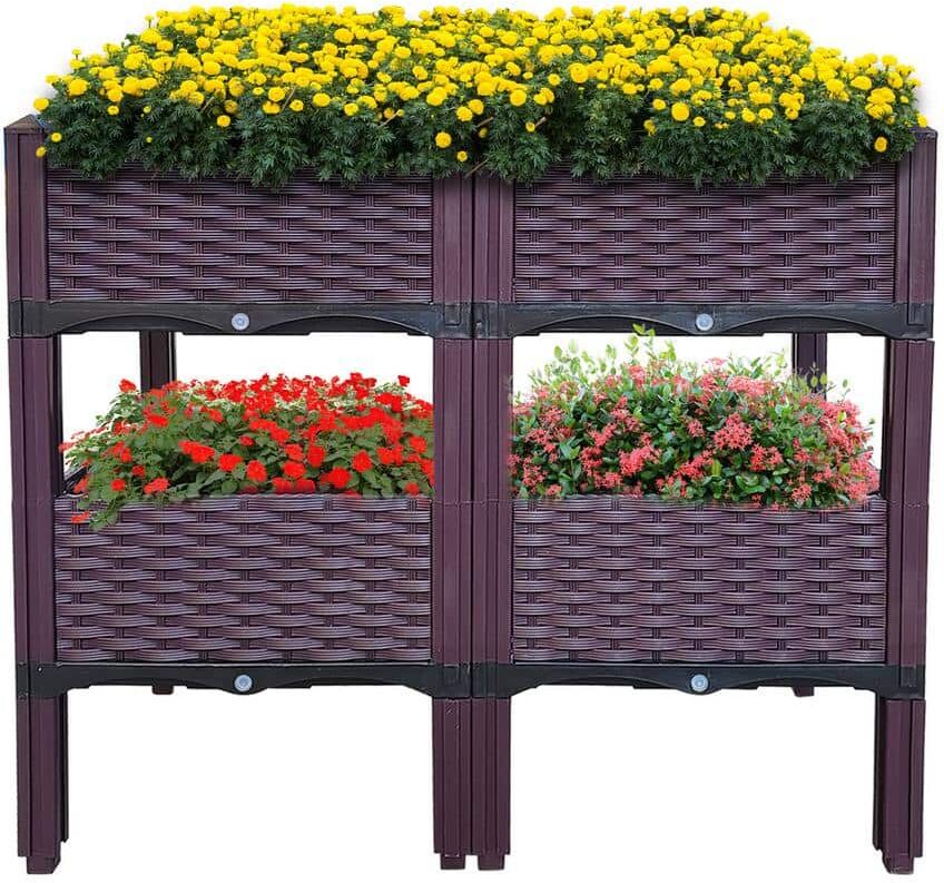 ITOPFOX Plastic Raised Planter Box Garden Bed, 1 Set of 4 Planter Grow Boxes with Legs for Outdoor Plants Elevated Garden Boxes