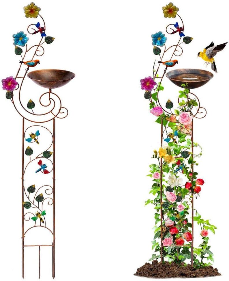 57 in. H Metal Bird Bath with Trellis for Outdoor, Vintage Decorative Bird Baths, Small Garden Plant Support