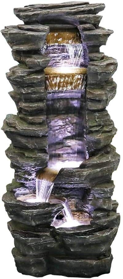 Cesicia Outdoor Garden/Yard Resin Rock Fountain With LED Light in 4-Crock with Fasion Design in Gray