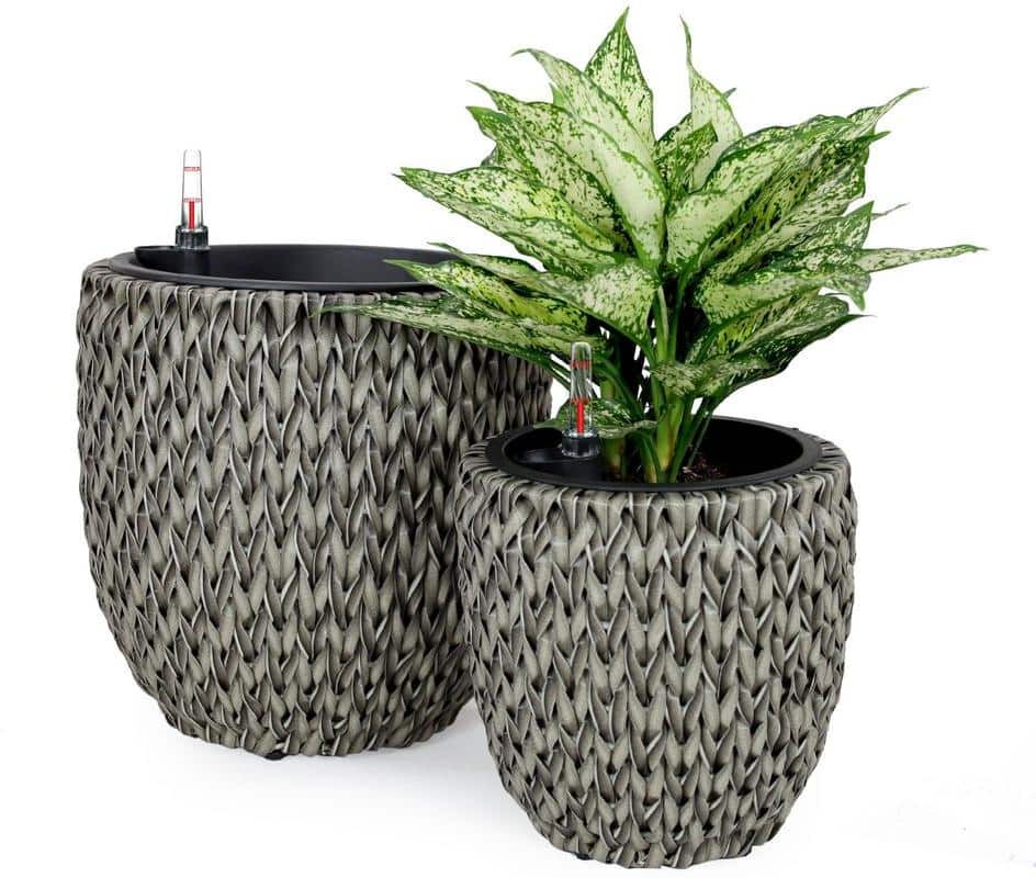 AUTMOON Self-Watering Wicker Planter Garden Decoration Pot, Gray (2-Pack)