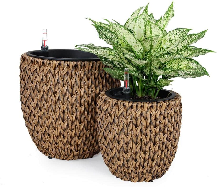 AUTMOON Self-Watering Wicker Planter Garden Decoration Pot, Natural (2-Pack)