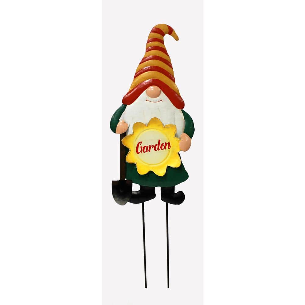 30.5 in. Metal Gnome with Flower Garden Stake with Solar LED Lights