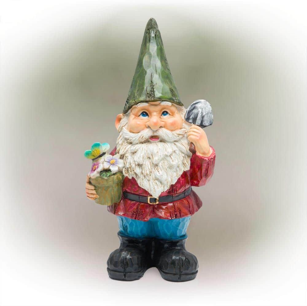 Alpine 12 in. Tall Outdoor Garden Gnome with Flower Pot Yard Statue Decoration