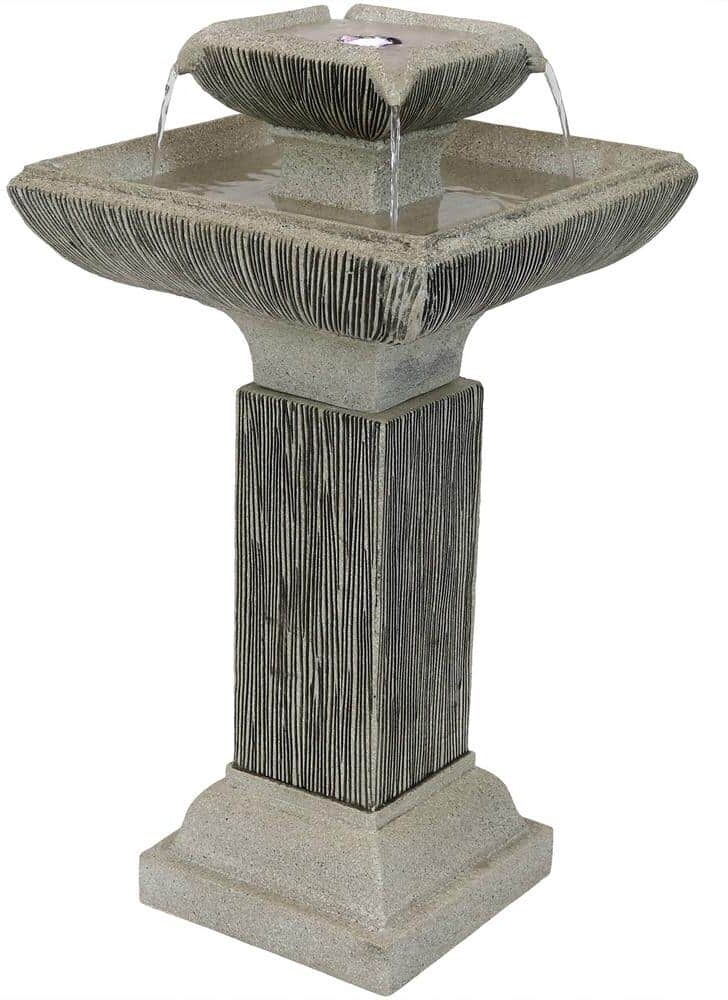 Sunnydaze Decor 25 in. Square 2-Tier Outdoor Birdbath Water Fountain with LED Lights and Electric Submersible Pump