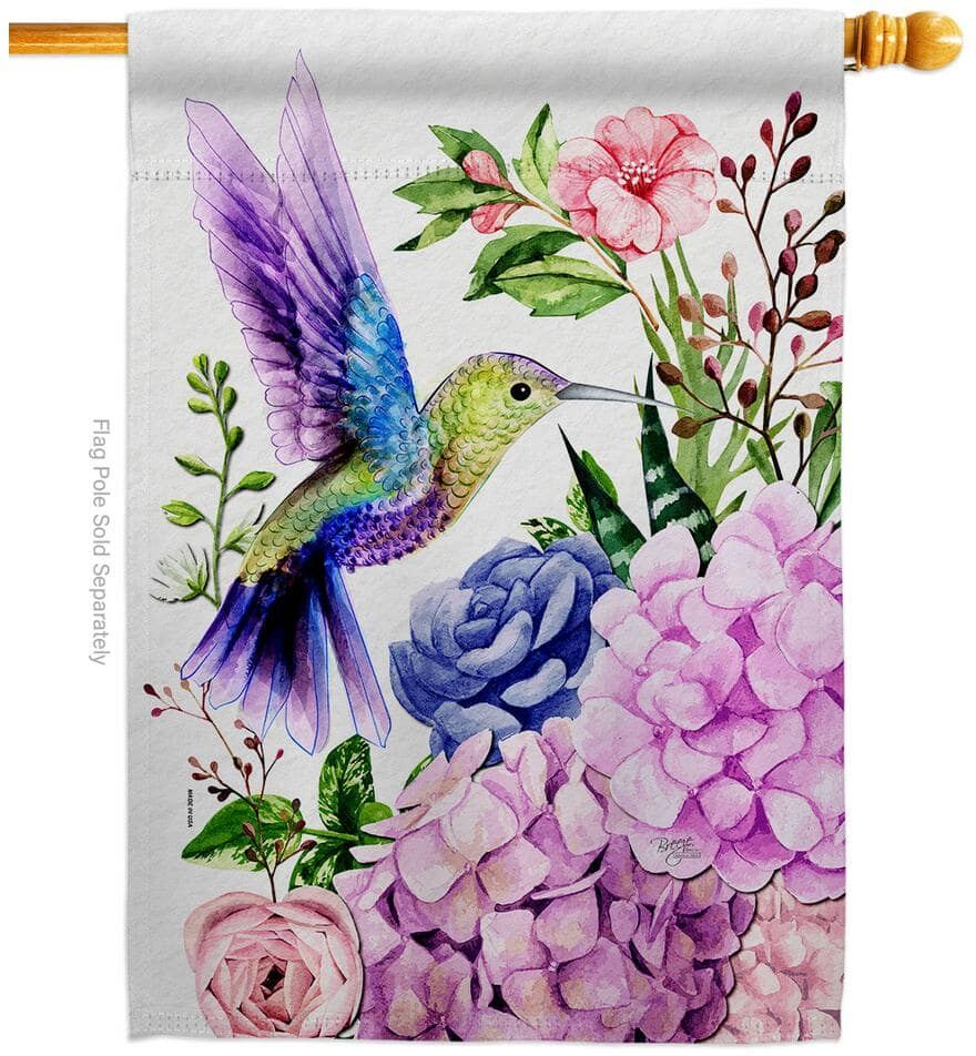 Breeze Decor 28 in. x 40 in. Purple Hummingbird Birds House Flag 2-Sided Garden Friends Decorative Vertical Flags