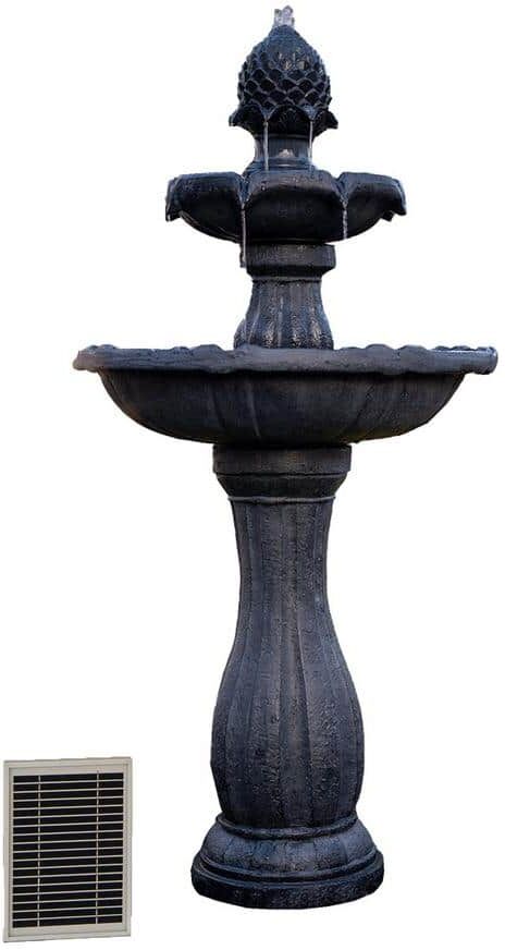 XBRAND 44 in H Black Fiberglass/Resin 2-Tier Solar Water Fountain w/Solar Panel and Auto-Shut Off Pump, Solar Garden Fountain