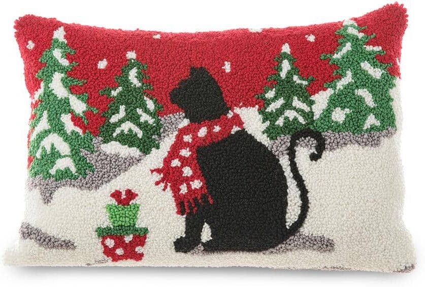 Glitzhome 18 in. W x 12 in. H Hooked Christmas Cat Pillow