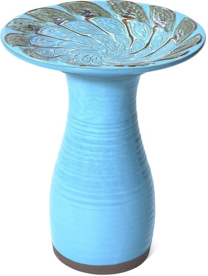 LuxenHome 20 in. H Powder Blue Vintage Spiral Ceramic Birdbath