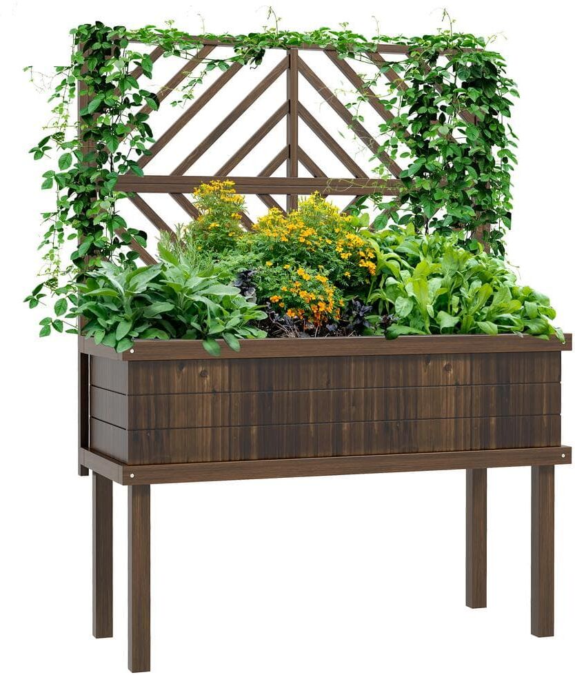 Outsunny Raised Garden Bed with Trellis for Climbing Plants, Wood Planter with Legs, Drainage Holes and Filter, Carbonized