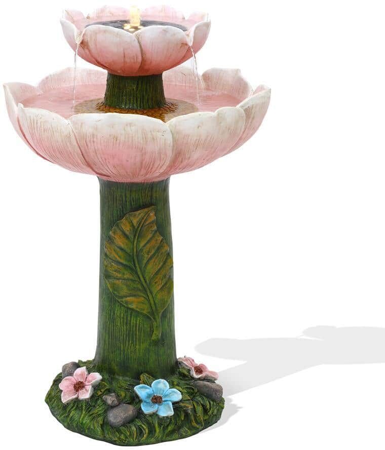 LuxenHome Solar Powered Pink Flower 2-Tier Resin Birdbath Fountain with Lights