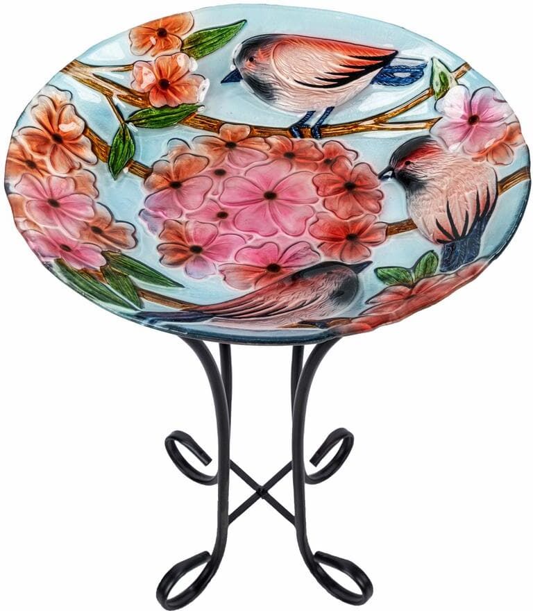 Teamson Home 17.8 in. Fusion Glass Outdoor Birds & Flowers Design Round Birdbath with Stand