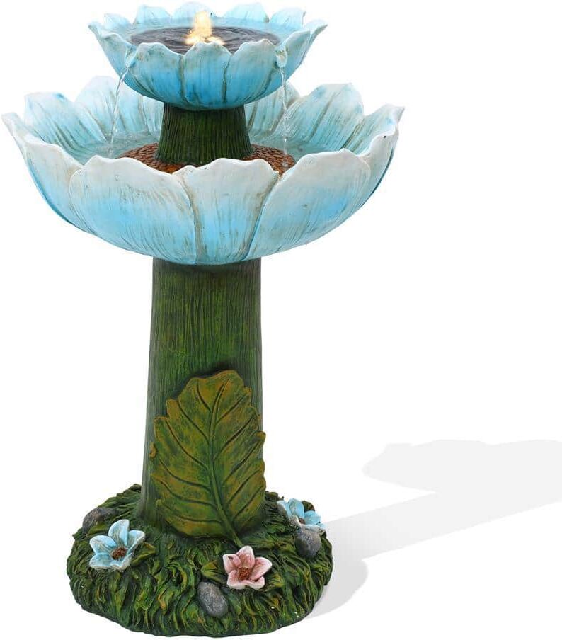 LuxenHome Solar Powered Blue Flower 2-Tier Resin Birdbath Fountain with Lights