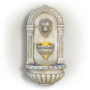 Alpine Corporation 32 in. Tall Outdoor Classical Wall-Mounted Water Fountain with Lion Head and LED Lights