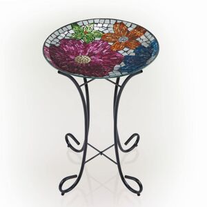Alpine Corporation 24 in. Tall Outdoor Floral Glass Birdbath Bowl with Metal Stand, Multicolor
