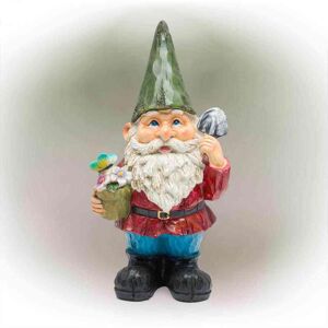 Alpine Corporation 12 in. Tall Outdoor Garden Gnome with Flower Pot Yard Statue Decoration