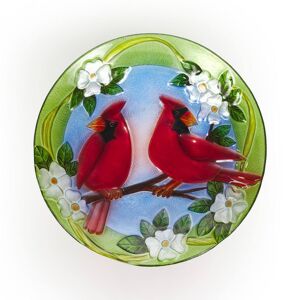 Alpine Corporation 18 in. Round Outdoor Birdbath Bowl Topper with Painted Red Cardinal and Floral Design