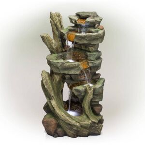 Alpine Corporation 39 in. Tall Outdoor Multi-Tier Cascading Stone Tower Waterfall Fountain with LED Lights