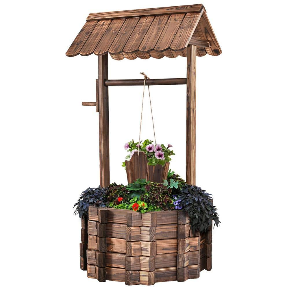 Cubilan Outdoor Wooden Wishing Well Bucket Flower Plants Planter Patio Garden Home Decor