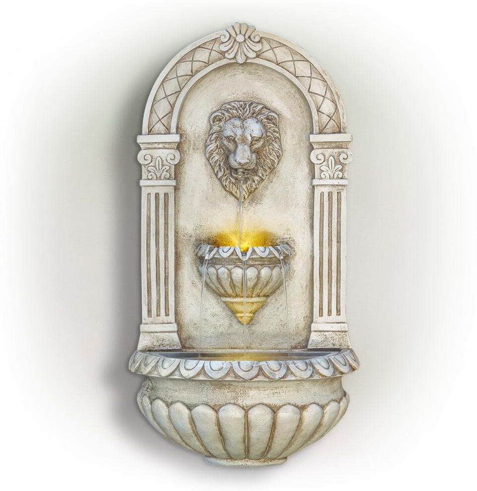 Alpine 32 in. Tall Outdoor Classical Wall-Mounted Water Fountain with Lion Head and LED Lights