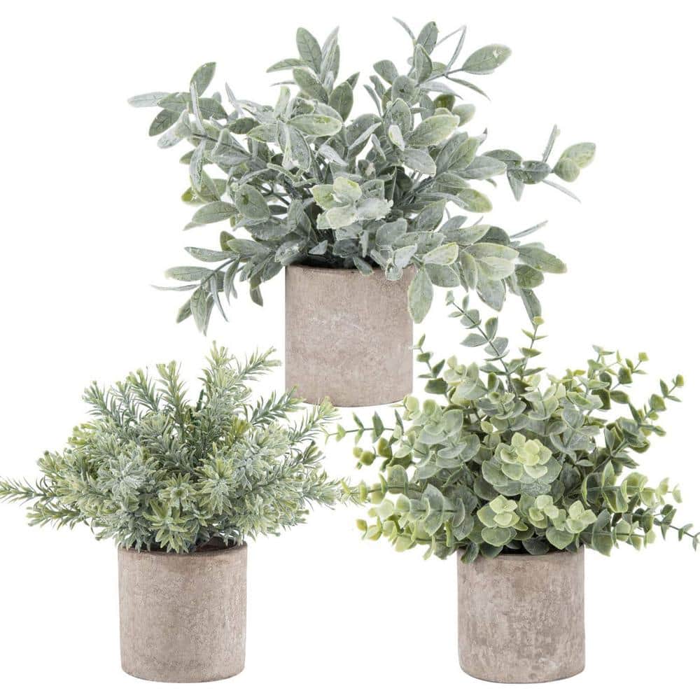 Angel Sar Mini Potted Fake Plants Artificial Plastic Eucalyptus Plants Topiaries (3-Pack)