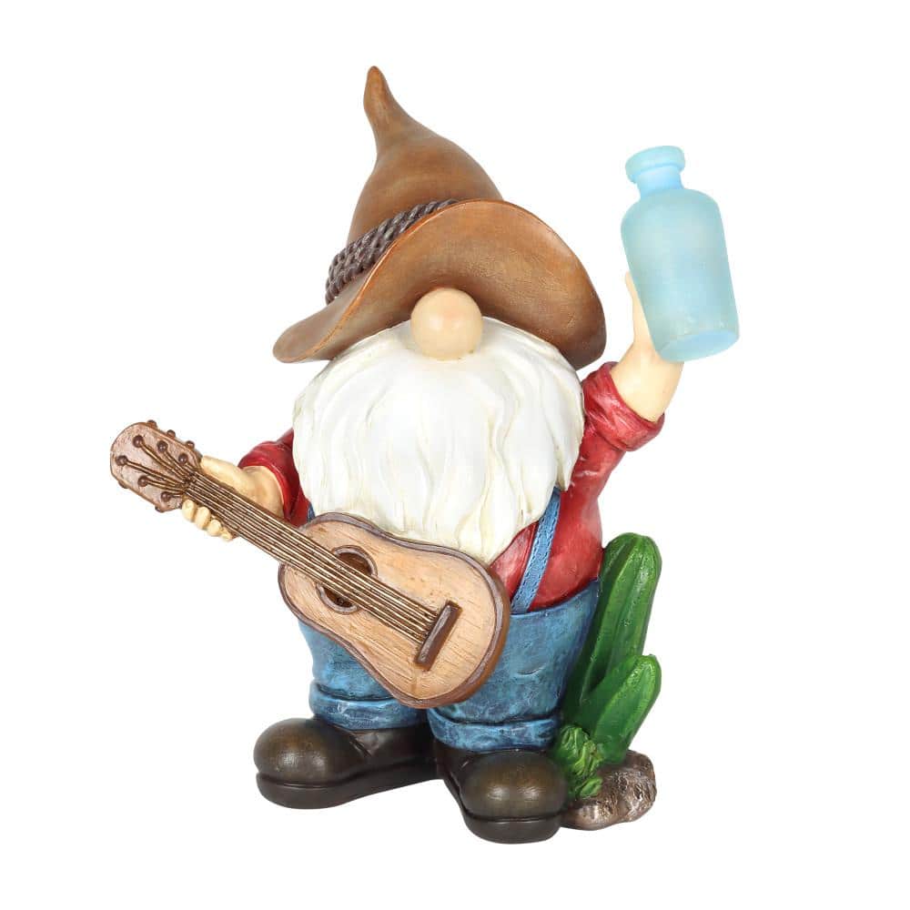 Exhart Solar Cowboy with Guitar and Glowing Bottle, 9 x 5 x 11 in. Gnome Garden Statue