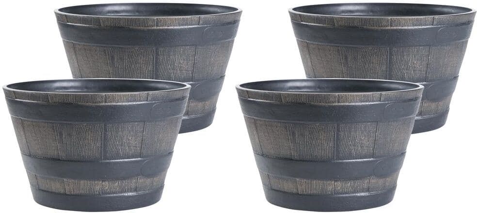 Gardenised Rustic Wood-Look Plastic Half Barrel Flower Pot Bucket Planter (Pack of 4)