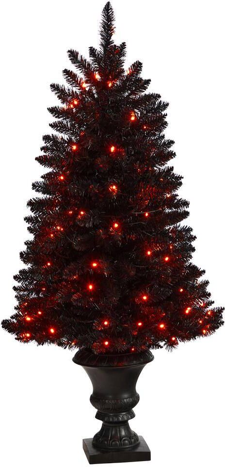 Nearly Natural 4 ft. Green and Black Halloween Artificial Christmas Tree in Urn with 100 Orange LED Lights