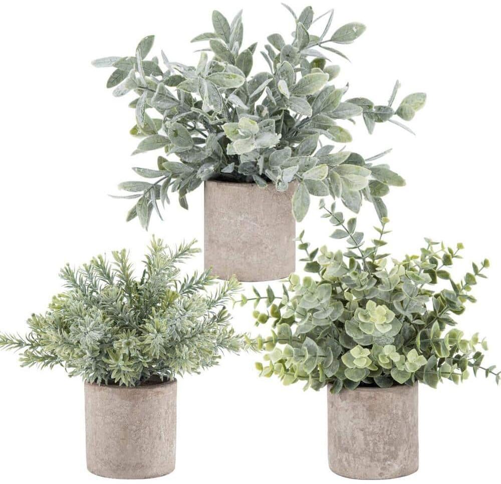 Cubilan 10 in. H Mini Potted Fake Plants Grey Artificial Plastic Eucalyptus Plants, 3 Pack