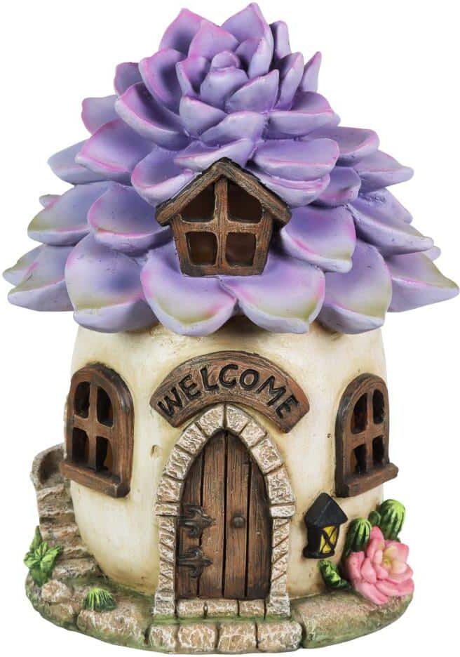 Exhart Solar Hand Painted Fairy House, Welcome Sign and Purple Succulent Petal Roof, 7 by 9 in. Garden Statue