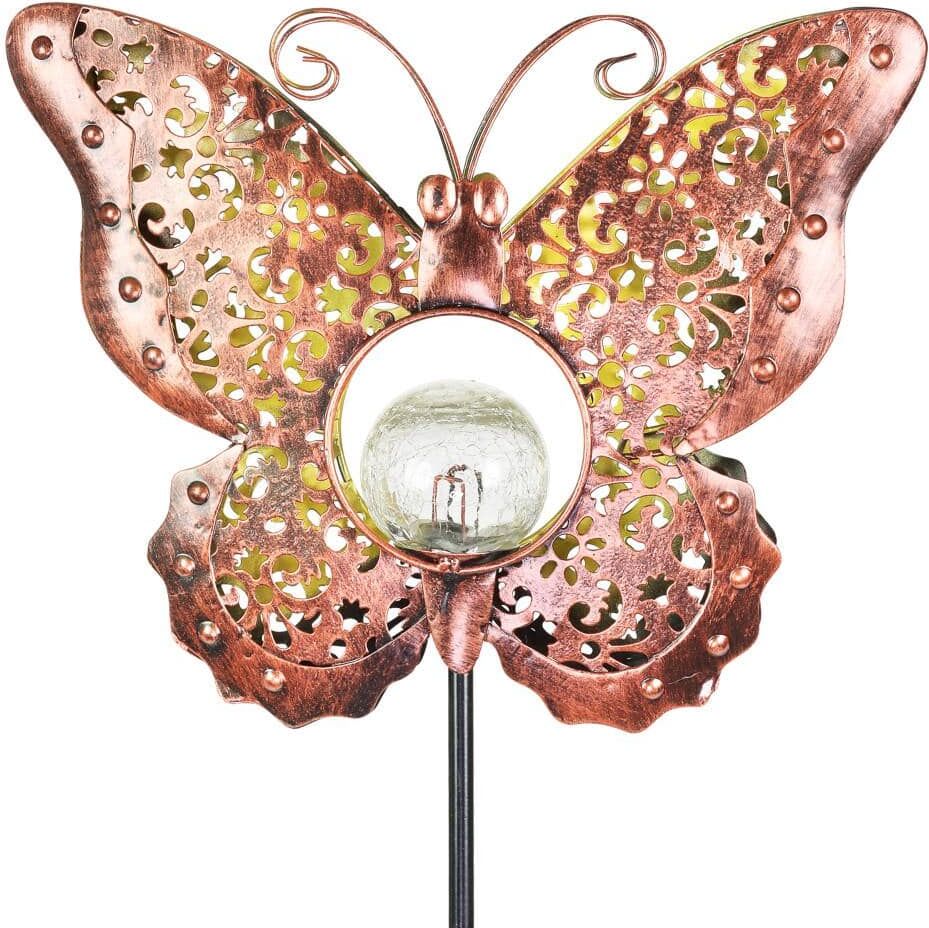 Exhart Solar Fleur de Lis Filigree Butterfly with Glass Crackle Ball Center 3.25 ft. Bronze Metal Garden Stake