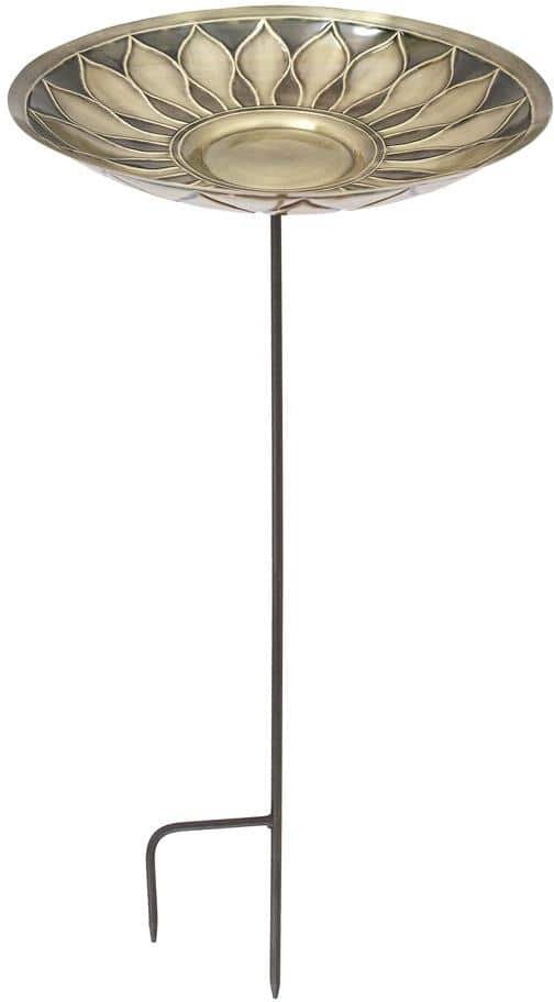 ACHLA DESIGNS 40 in. Tall Antique and Patina Brass African Daisy Birdbath with Stake