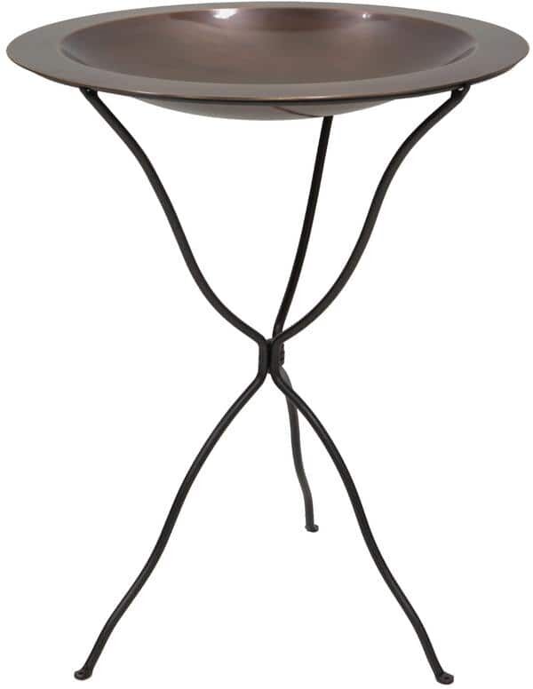 ACHLA DESIGNS 24 in. Dia Round Antique Finished Brass Classic Copper Birdbath with Black Wrought Iron Folding Ring Stand